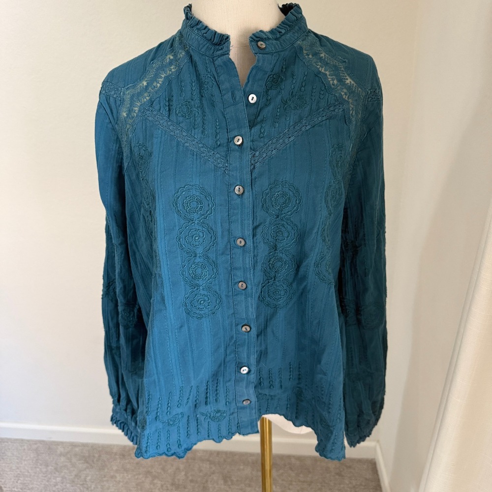 Sundance Blue Embroidered Cotton Boho Blouse Lace Ruffle Large Cottagecore